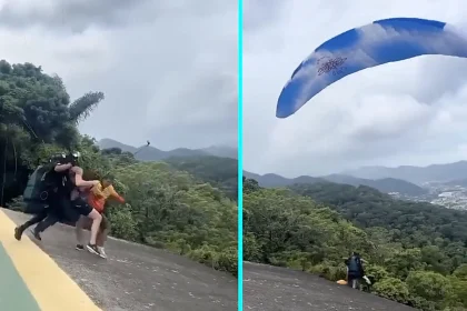 Bungling flight instructor Márcio Lira slipped off a paragliding ramp and fell into treetops in Brazil - but walked away without a scratch and continued flying moments later.