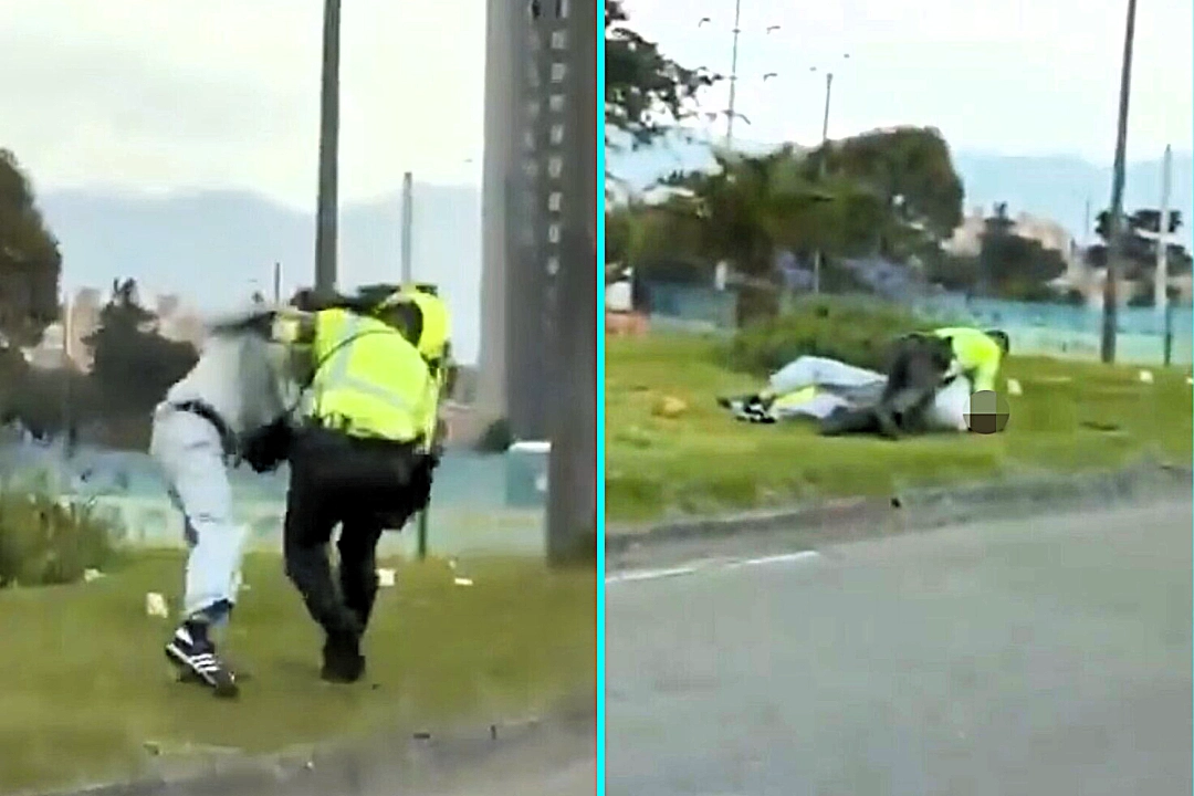 Road-rage driver subdued after allegedly running over a traffic officer's motorcycle and attacking him in Bogota - shocking footage captures the violent struggle. Watch the clip.