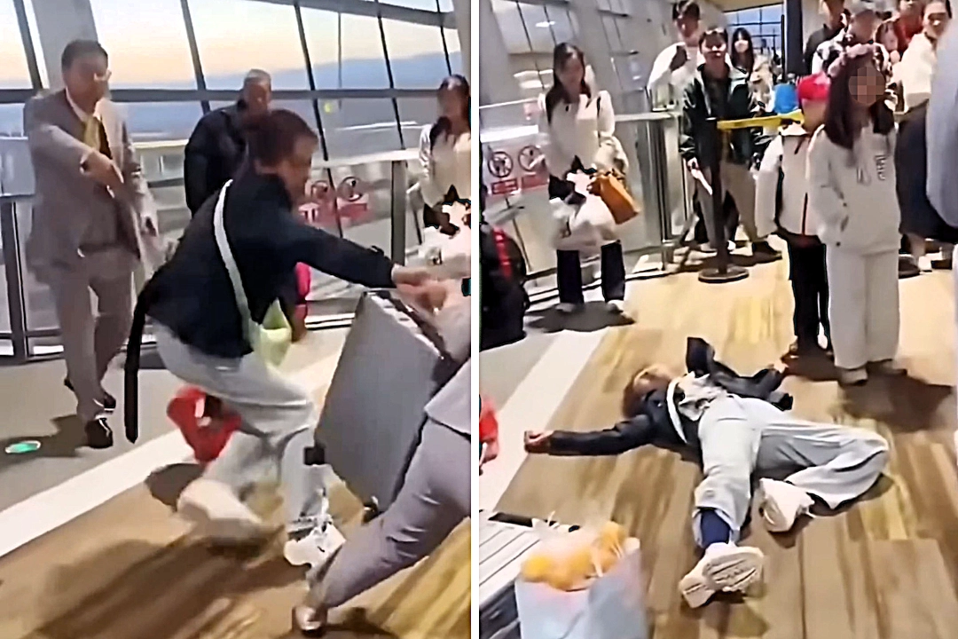 A family sparked chaos at a Chinese airport when a woman played dead on the floor to avoid paying a baggage charge, while a relative kicked staff as children looked on crying.