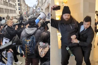 Fur activists stormed a luxury store on Bond Street, chanting and clashing with staff as security rushed to remove them during a chaotic Easter weekend protest.