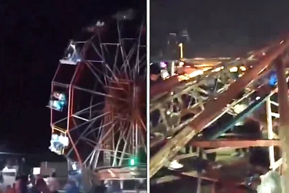 Ferris wheel collapses at Indian fair injuring at least 30 people with 10 critical - overloaded 60ft ride tipped sideways trapping up to 80 thrill-seekers in Kushinagar.