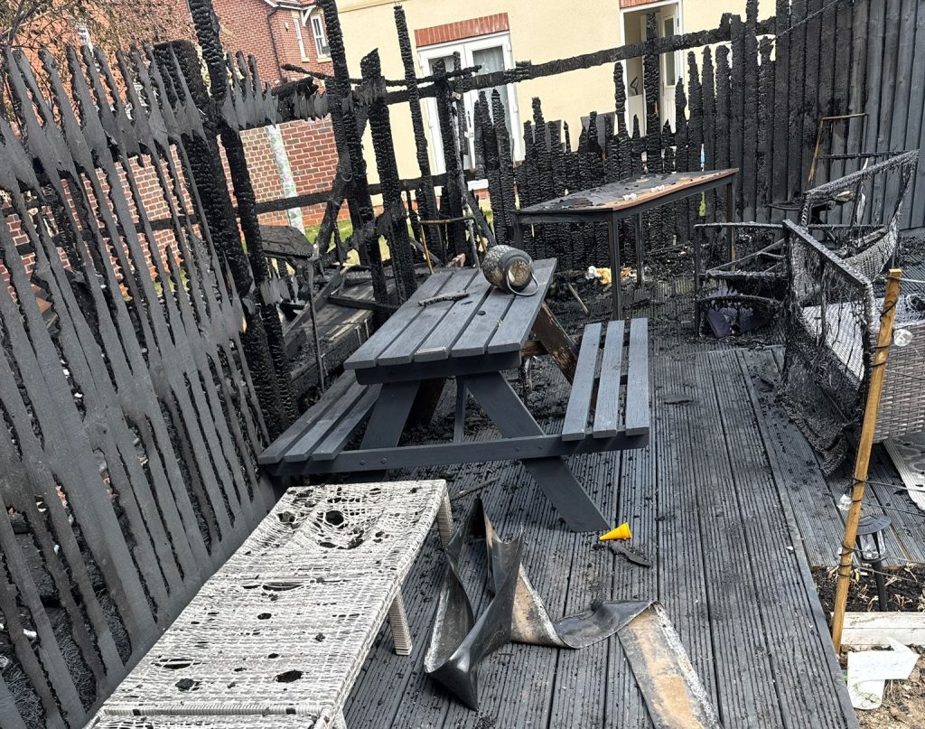 A Brit was left devastated after a neighbour's e-bike spontaneously burst into flames and torched his garden - just days before a mini heatwave.