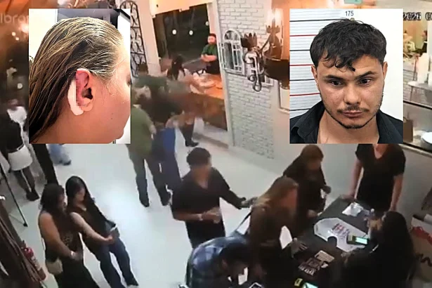 A Brazilian man was arrested after allegedly biting off part of his girlfriend's ear at a restaurant because she had spent too long in the bathroom queue at a music event.