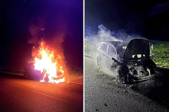 A car was completely engulfed in flames on the A38 near Ivybridge after a late-night fire shut the road. Firefighters arrived in just 21 seconds and found smoke pouring from all areas.