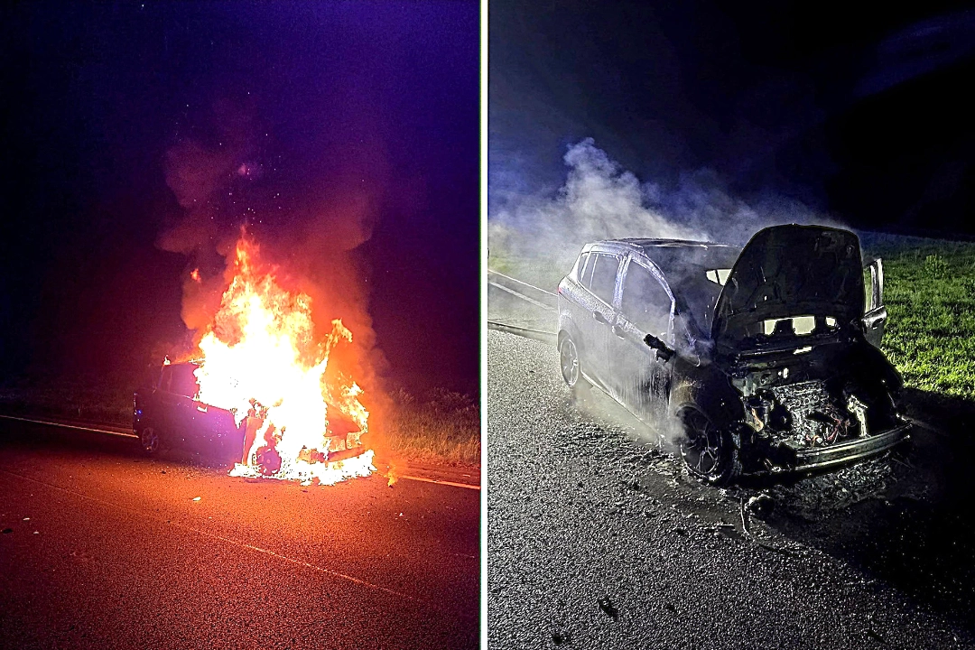 A car was completely engulfed in flames on the A38 near Ivybridge after a late-night fire shut the road. Firefighters arrived in just 21 seconds and found smoke pouring from all areas.