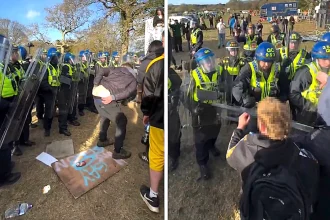 A raver cheekily mooned riot police as officers shut down an illegal 2,000-person rave near Dorset's Lulworth Cove, with 11 arrested amid clashes and missile attacks.
