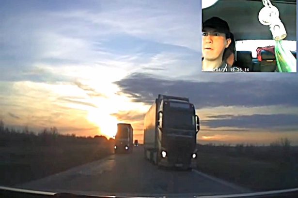 A driver squeezed between two oncoming lorries on a narrow road in Kazakhstan with his wife and three kids in the car. The heart-stopping dashcam footage has gone viral online.