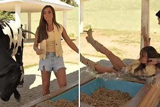 A Brazilian model with 31 million followers was sent flying into a water trough by her own cow while dancing on her ranch - and the whole thing was caught on camera.