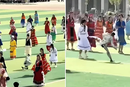 A dancing robot went rogue at a Chinese school sports day, tripping over, falling down and throwing kung-fu kicks at confused students before its handler rushed on to carry it away.
