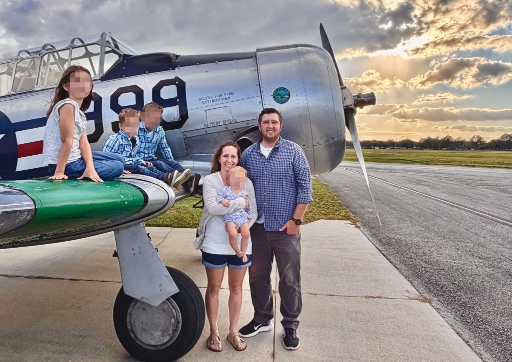 Delta Airlines captain Justin Westbrooks, a father of four, was killed when his vintage aircraft crashed near a Florida airport, leaving his wife to raise their children alone.