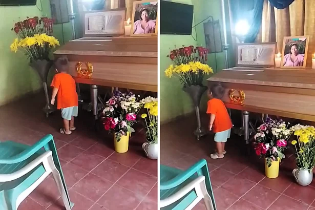 A devastating video shows a toddler calling out for his dead mum at her funeral. He places his ear on the coffin and says she does not say anything. The clip broke hearts online.