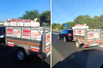 A mannequin was spotted sleeping on a mattress being towed down a busy Spanish motorway. The bizarre advertising stunt went viral and left drivers in stitches on the road.