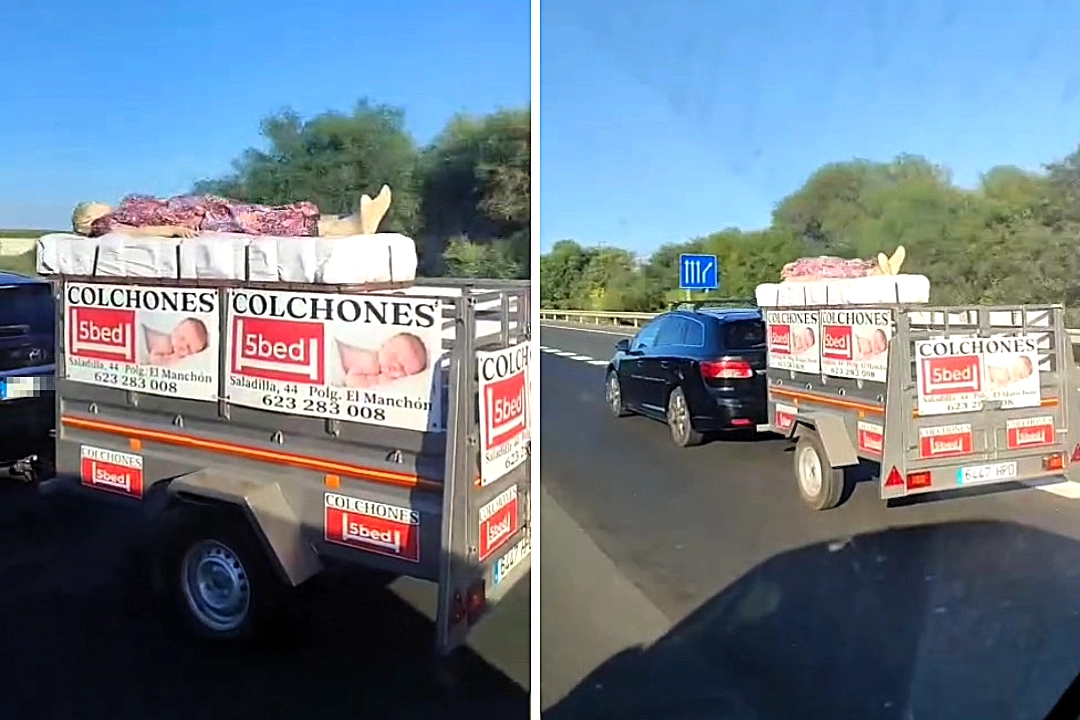 A mannequin was spotted sleeping on a mattress being towed down a busy Spanish motorway. The bizarre advertising stunt went viral and left drivers in stitches on the road.