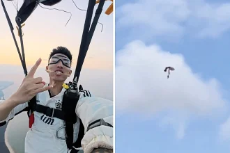 Extreme sports influencer entered a terrifying death spin after a mid-air collision during a skydive - but survived by plunging into a lake in a miraculous last-second escape.
