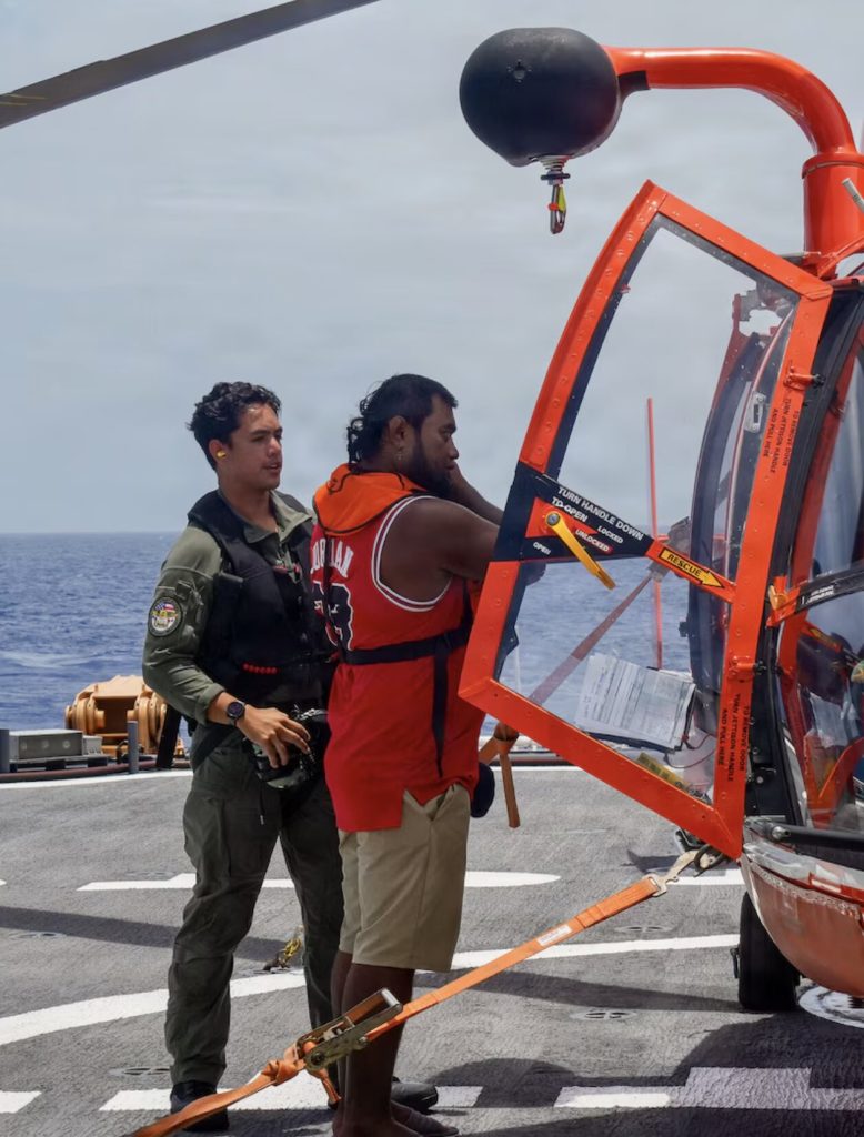 A family stranded at sea for a week after their engine failed were found alive in a dramatic midnight Pacific Ocean rescue by the US Coast Guard in rough 10-foot waves.