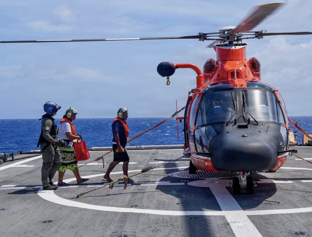A family stranded at sea for a week after their engine failed were found alive in a dramatic midnight Pacific Ocean rescue by the US Coast Guard in rough 10-foot waves.
