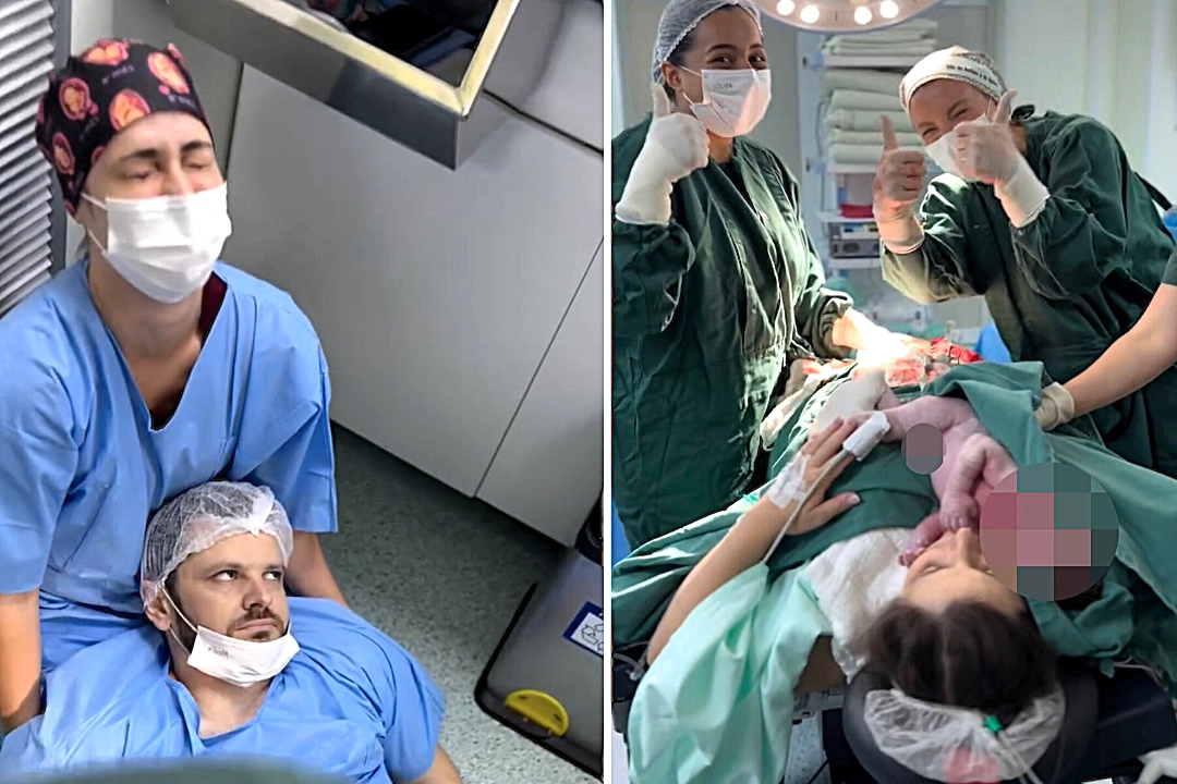 A Brazilian father fainted at the exact moment his daughter was born during a C-section, with the hilarious yet tender moment captured by birth photographers and viewed 19 million times.