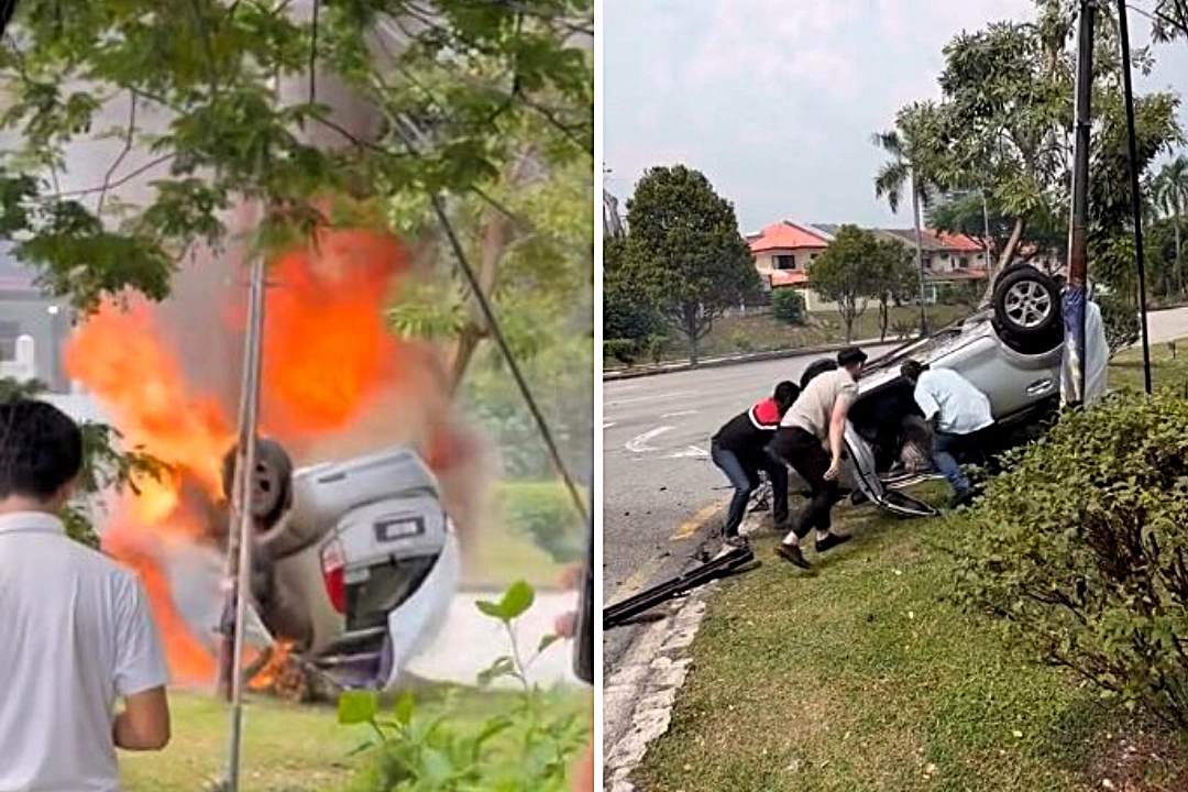 Three hero bystanders rescued an 84-year-old woman from her flipped car moments before it burst into flames in Malaysia - the vehicle was 95% destroyed in the blaze.