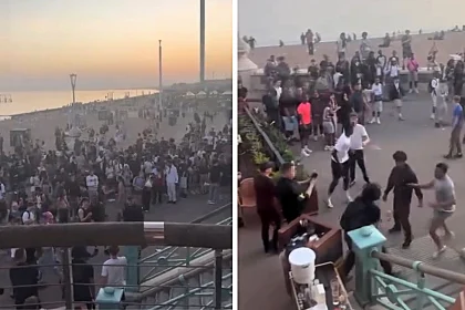 A sunny 24-degree day in Brighton turned ugly when a mass brawl erupted outside a beachfront bar, with around 200 teenagers gathering as punches flew on the seafront.