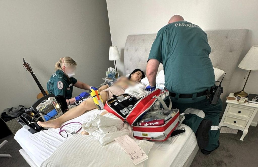 Pia Diaz lost half her blood and had to be rescued from her balcony by firefighters after a rare ectopic pregnancy ruptured. Doctors say she may still be able to have a baby.