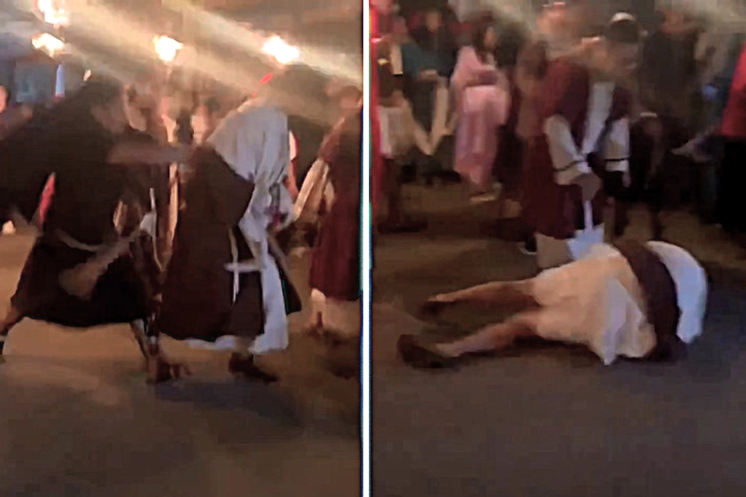 Actor playing Jesus shoved to the ground by angry disciple during Easter parade in Mexico - performer landed with hands tied and needed medical treatment from paramedics.