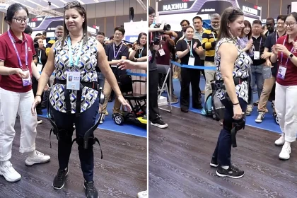 A paraplegic woman moved onlookers to tears at a Chinese trade fair after a robot exoskeleton had her on her feet and walking within just 30 minutes of arriving.