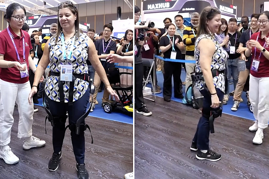 A paraplegic woman moved onlookers to tears at a Chinese trade fair after a robot exoskeleton had her on her feet and walking within just 30 minutes of arriving.