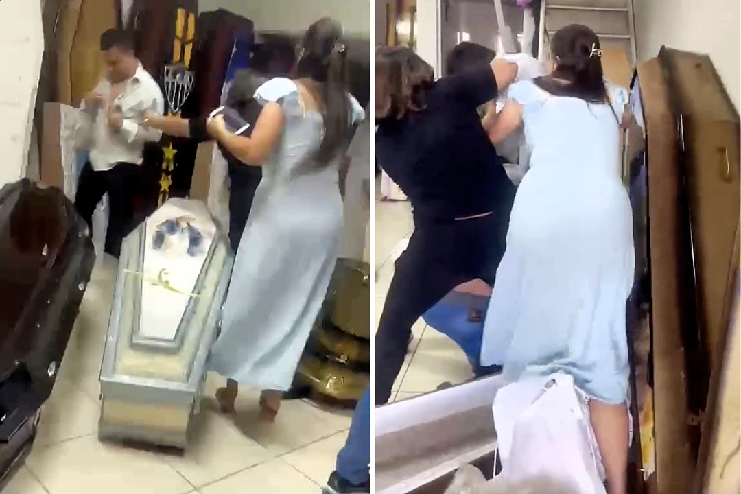 Mourners attack a funeral director after a dispute over extra fees for a swollen body, with shocking footage showing a violent clash inside the funeral home.