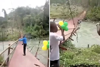 A brand-new suspension bridge collapsed during its opening ceremony in Colombia, sending dozens of people plunging into the river below, with eight injured in the shocking disaster.