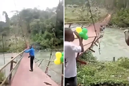 A brand-new suspension bridge collapsed during its opening ceremony in Colombia, sending dozens of people plunging into the river below, with eight injured in the shocking disaster.
