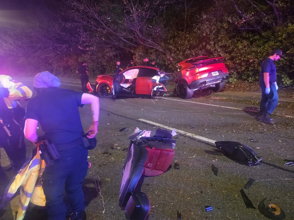 Porsche torn completely in half after smashing into a tree in a horror crash - but the driver miraculously walked away with only minor injuries. Speed suspected as the cause.