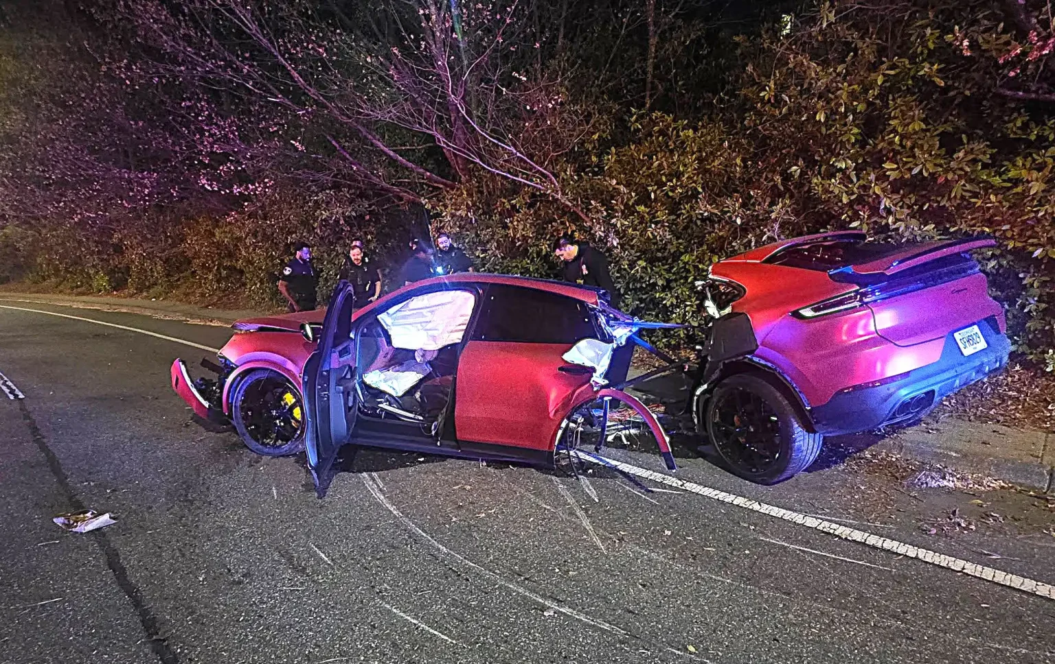 Porsche torn completely in half after smashing into a tree in a horror crash - but the driver miraculously walked away with only minor injuries. Speed suspected as the cause.