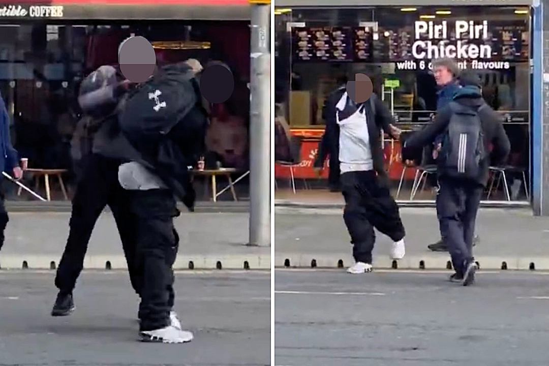 Two men were caught on camera trading punches outside a busy café in broad daylight, as stunned bystanders tried and failed to break up the street fight.