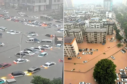 More than 100 cars were left submerged and streets turned into flood zones after the strongest rainstorm in a decade struck the city of Qinzhou in China.