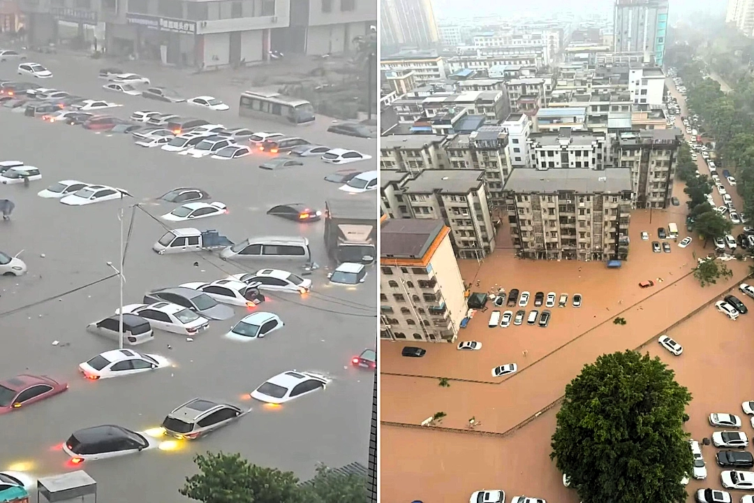 More than 100 cars were left submerged and streets turned into flood zones after the strongest rainstorm in a decade struck the city of Qinzhou in China.