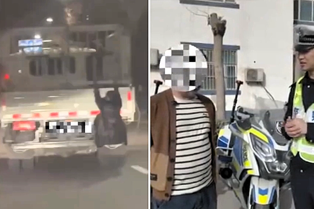 Wife spotted dangling from back of husband's truck because she suspected him of cheating - she secretly hitched a ride to catch him in the act in China before police stepped in.