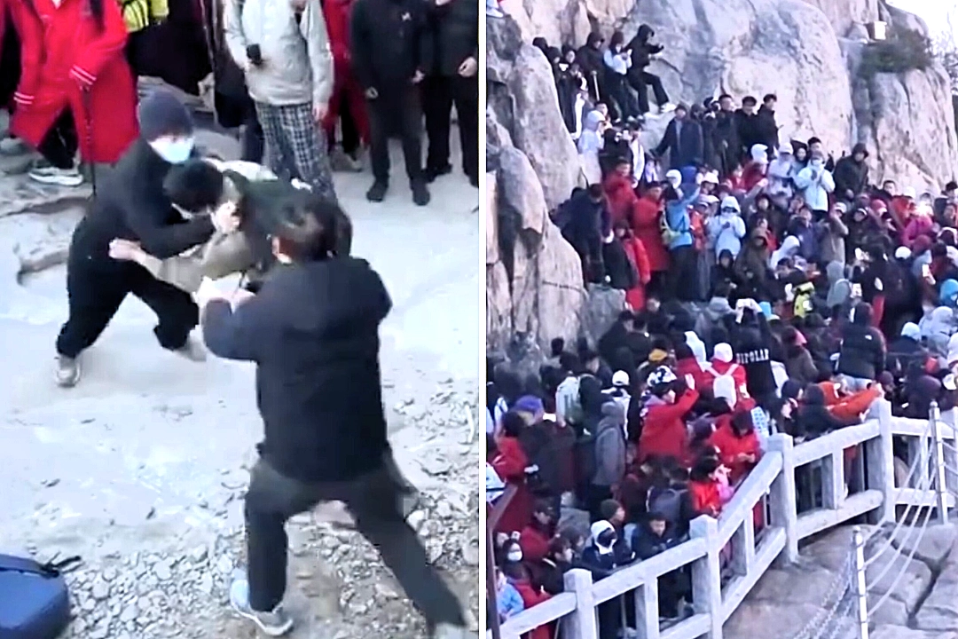 A sunrise viewing spot in China descended into chaos as tourists armed with selfie sticks brawled on a steep rock face while jostling for the best vantage points at a packed beauty spot.