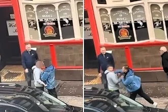 Shocking footage shows a violent street brawl where a man was knocked down and a woman attacked, as bystanders watched the disturbing incident unfold in daylight.