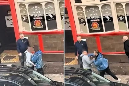 Shocking footage shows a violent street brawl where a man was knocked down and a woman attacked, as bystanders watched the disturbing incident unfold in daylight.