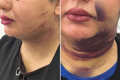 A 25-year-old was left struggling to breathe and covered in bruising after a chin liposuction procedure caused a dangerous blood clot to form under her skin just days later.
