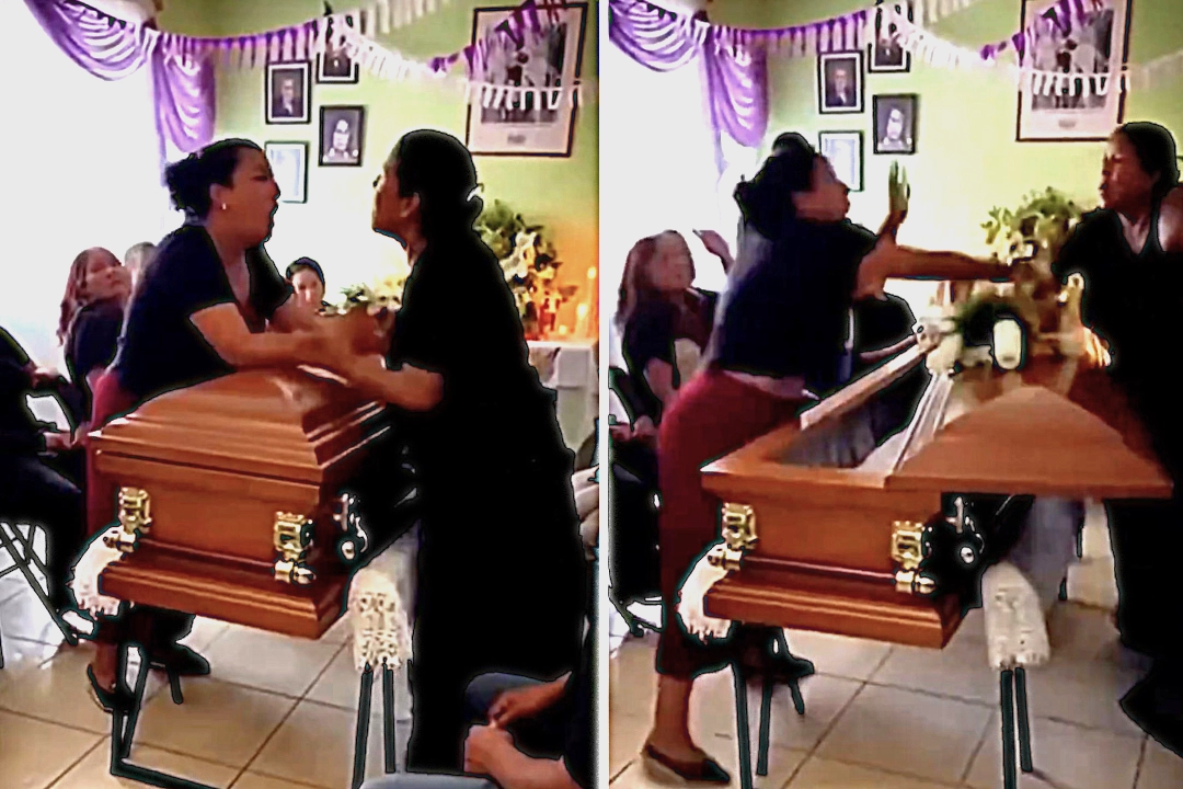 Two women brawled beside a coffin at a Mexican wake after discovering they were both lovers of the same man, nearly knocking the lid off in the shocking viral clash.