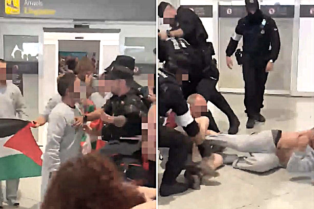 Police clash with Global Sumud Flotilla activists at Spain's Bilbao Airport as four arrested for blocking exit and assaulting officers in shocking viral scuffle footage.