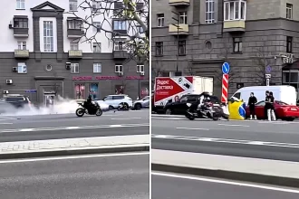 A Russian actress and photographer was killed in front of her young daughter when a biker performing a wheelie lost control and struck her as she crouched to capture the stunt.