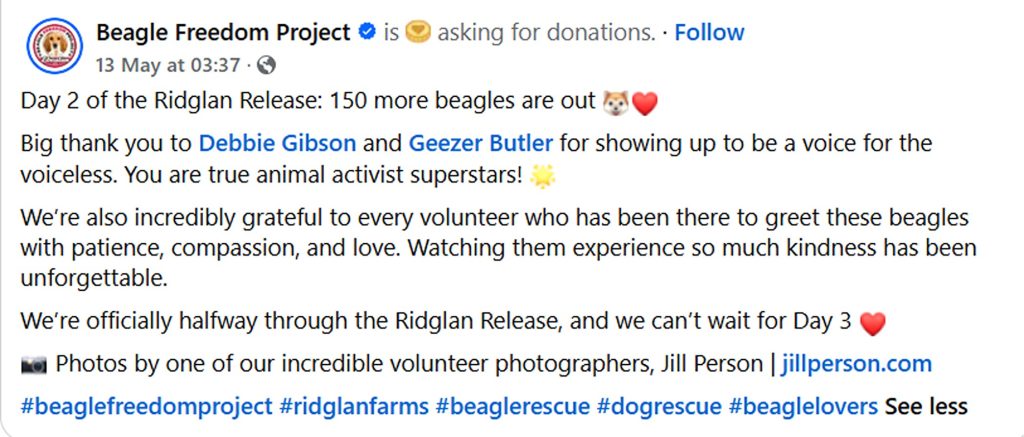 Black Sabbath legend Geezer Butler joined Debbie Gibson backing a huge rescue mission to rehome 1,500 beagles from controversial Ridglan Farms breeding facility.Black Sabbath legend Geezer Butler joined Debbie Gibson backing a huge rescue mission to rehome 1,500 beagles from controversial Ridglan Farms breeding facility.