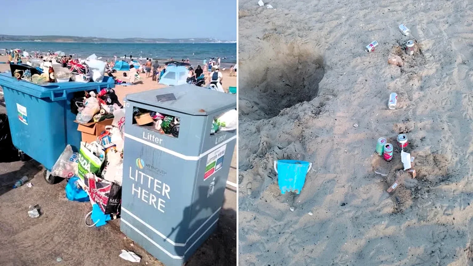 Brits branded "scum" after Weymouth Beach left covered in dirty nappies, booze cans and plastic toys during Bank Holiday heatwave as temperatures soared to 33C.