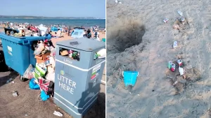Brits branded "scum" after Weymouth Beach left covered in dirty nappies, booze cans and plastic toys during Bank Holiday heatwave as temperatures soared to 33C.