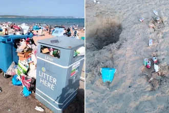 Brits branded "scum" after Weymouth Beach left covered in dirty nappies, booze cans and plastic toys during Bank Holiday heatwave as temperatures soared to 33C.