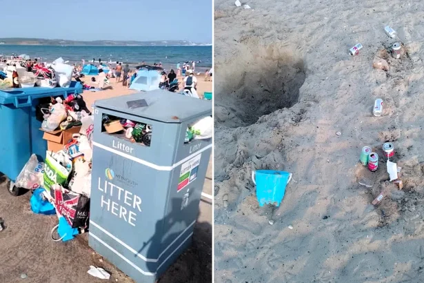 Brits branded "scum" after Weymouth Beach left covered in dirty nappies, booze cans and plastic toys during Bank Holiday heatwave as temperatures soared to 33C.