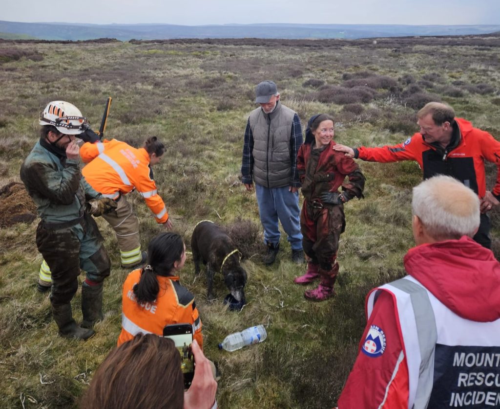 Maisy the 12-year-old Staffie cross was dramatically rescued after six hours trapped 20-feet underground in a hidden pothole on the North York Moors.