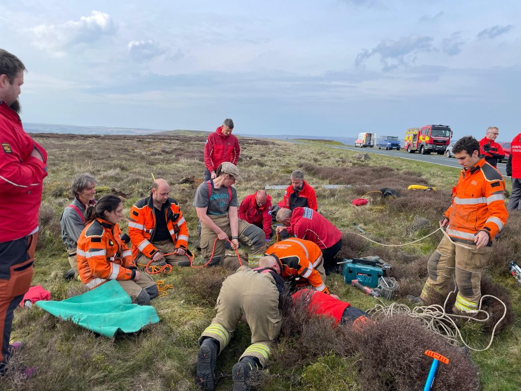 Maisy the 12-year-old Staffie cross was dramatically rescued after six hours trapped 20-feet underground in a hidden pothole on the North York Moors.